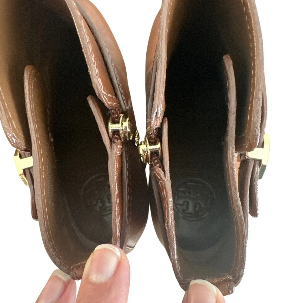 Tory Burch Cognac Leather Logo Strap Ankle Booties Stiletto Heel Size 8